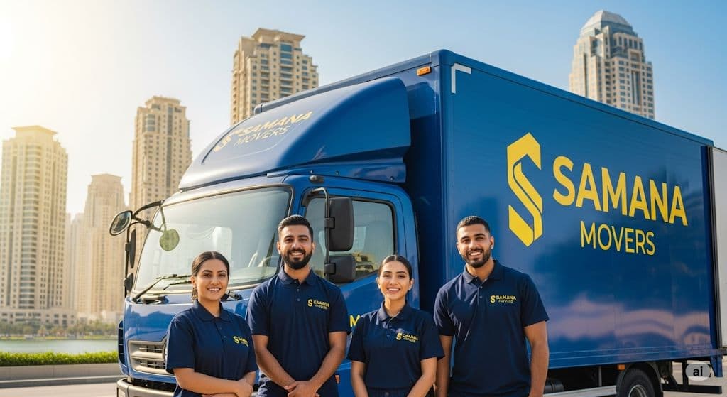 Samana Movers team stand with moving truck in Dubai