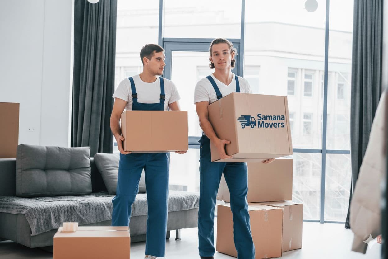 two samana movers team members with boxs in hands