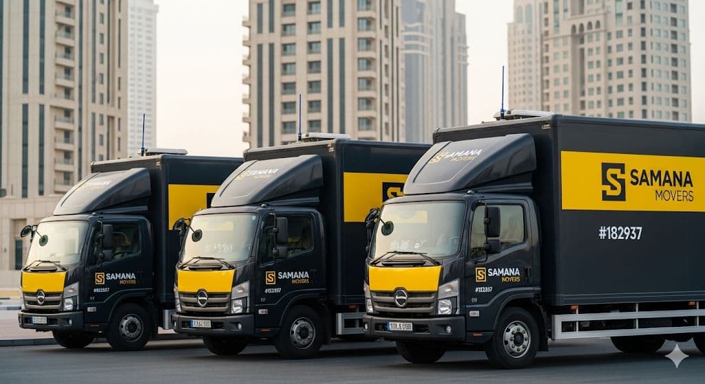 Samana Movers branded moving trucks lined up in Dubai street — fleet photo