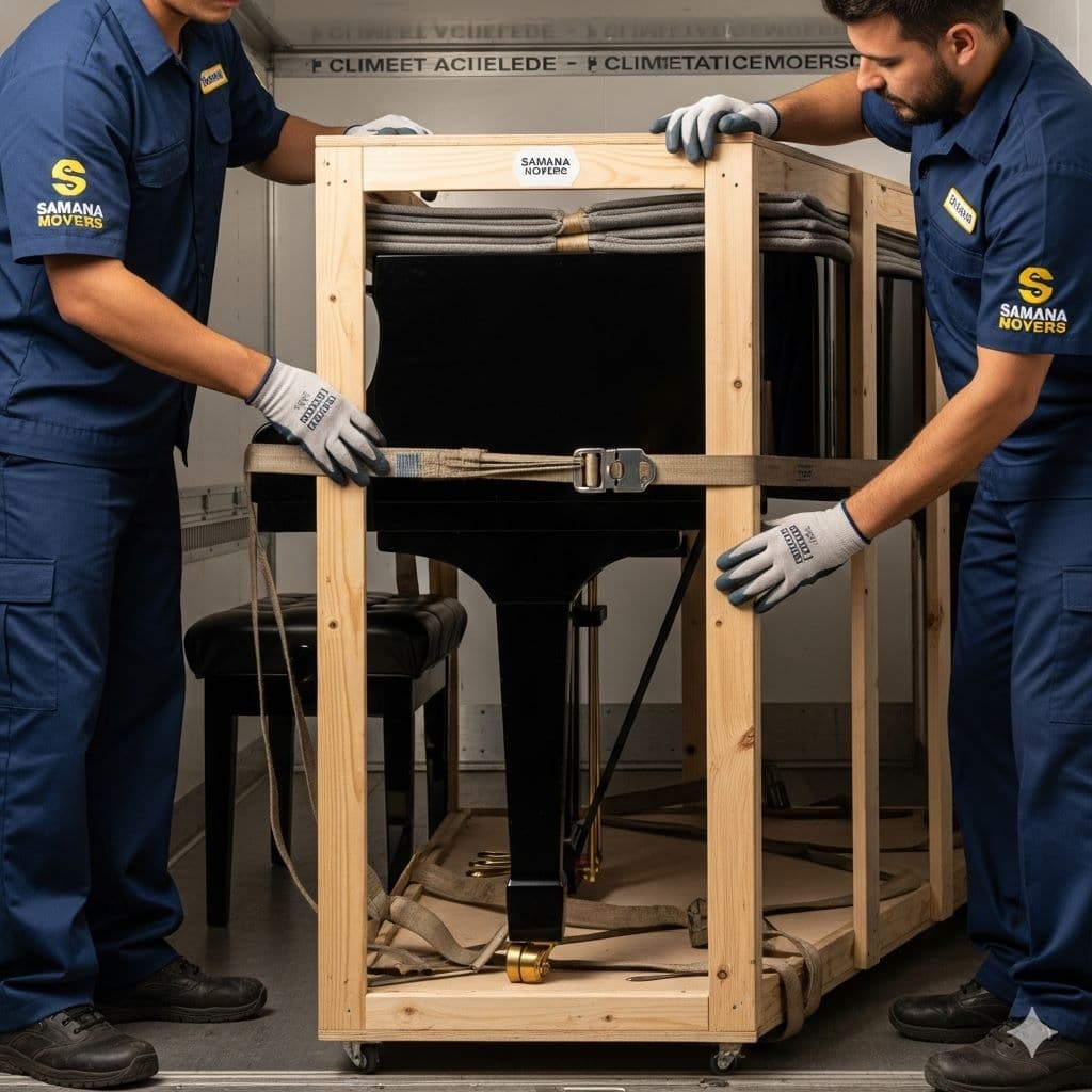 Samana Movers piano moving specialists loading piano — safe instrument moving Dubai