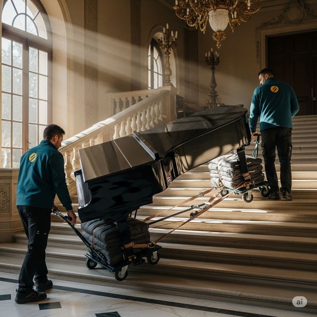 Luxury villa movers handling piano